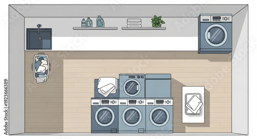 Laundry room with washing machines and dryer, top view, modern design.