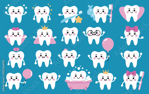 Cartoon Teeth with Happy Faces Vector Set, Fun Dental Health and Care Mascot Characters for Dentistry Posters, Banners, and Clinic Advertising, Medical Protection and Oral Hygiene Concept
