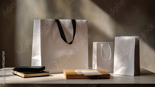 Wallpaper Mural Retail packaging including paper bags and shipped parcel placed on table in soft light, symbolizing delivery and purchases. Torontodigital.ca