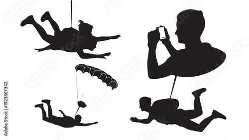 Vector Silhouette Illustrations Of Skydivers And Paragliders In Different Actions For Adventure And Sports Concept