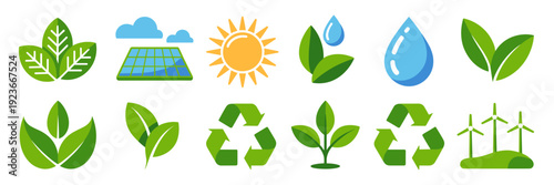 Sustainable energy icon bundle with wind and water symbols - Great for renewable energy companies, ecology projects, or newsletters.