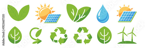 Green energy and eco icon sheet with solar sun - Ideal for sustainability reports, clean energy branding, or environmental blogs.