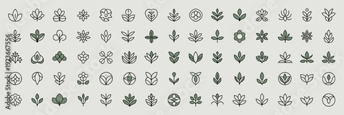 Floral branding icon sheet with minimalist leaf emblems - Perfect for organic product labels, spa marketing, or creative portfolios.