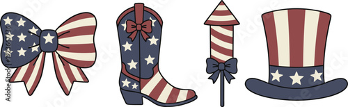 Patriotic American Clipart Set with Flag Bow, Cowboy Boot, Firework Rocket, and Uncle Sam Hat