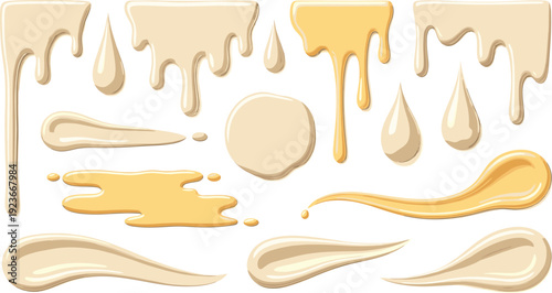 Cream Honey and Caramel Drip Splash Collection with Sweet Dessert Sauce Drops and Glossy Liquid Smears Flat Vector Illustration Set Police Stop