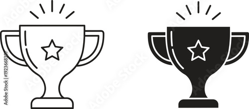 Winner trophy cup icons in line art and solid black styles with star symbol for sports achievement competition success and award recognition conceptsWinner trophy cup icons