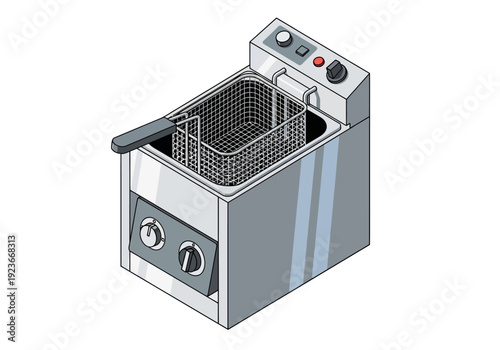 A detailed illustration of a deep fat fryer appliance from an isometric viewpoint showing its control panel and frying basket