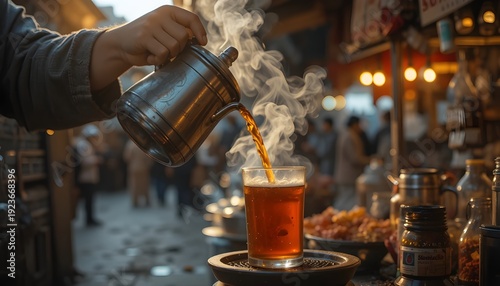 Extreme close-up of a street vendor pouring hot tea (Karak Chai) into a glass, steam rising, blurred background of a vibrant Pakistani night market, golden hour lighting, rich colors, authentic textur