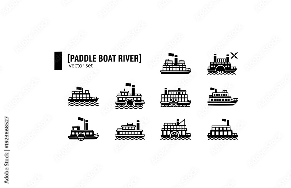 Fototapeta premium Paddle Boat River Vector Set - Black Silhouette Illustrations, Riverboat Graphics, Paddle Boat Icons, Water Recreation Design Elements