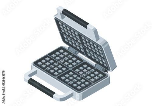 Isometric illustration of a waffle maker with open lid and cooking plates on a white background viewed from above