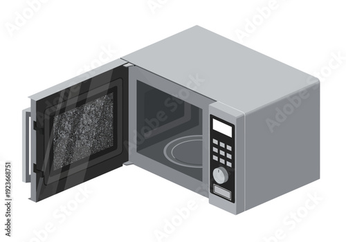 An open microwave oven with a digital control panel on a plain background from a slightly angled viewpoint