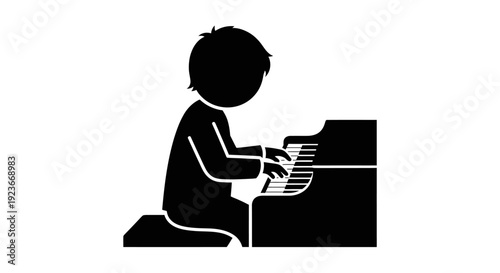 A child plays a piano byo in a simple illustration style.
