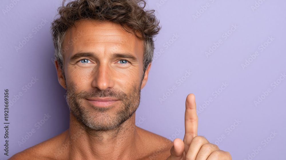 Fototapeta premium Young Man Pointing Upward with Confident Aspirational Expression
