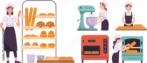 Female baker displaying fresh bread and pastries in bakery kitchen with oven and mixer flat vector illustration