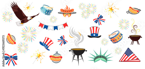 Illustrative set of American patriotic symbols, fireworks, barbecue elements, and flags for a vibrant Independence Day celebration concept