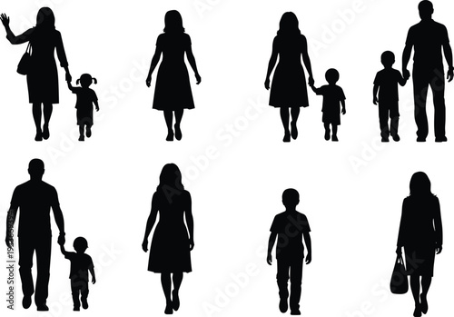 Family Parent Child Walking Silhouettes People Mother Father Son Daughter Parenting Care Togetherness Relationship Love Lifestyle Human Figures Isolated Vector Illustration
