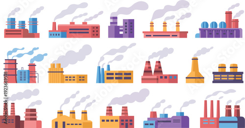 Industrial factory and power plant buildings with smokestacks smoke emissions flat vector illustration isolated collection set