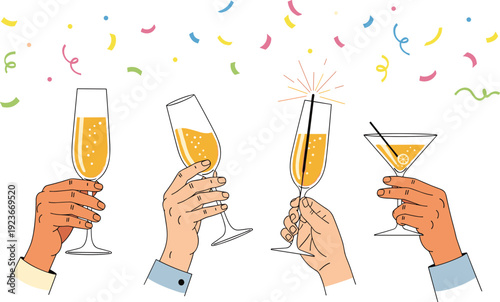 Hands Holding Champagne Glasses Celebrating Party Toast Vector Illustration