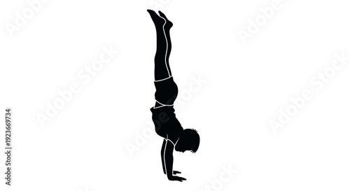 A person performs a handstand against a white background, highlighted by a sleek black silhouette.