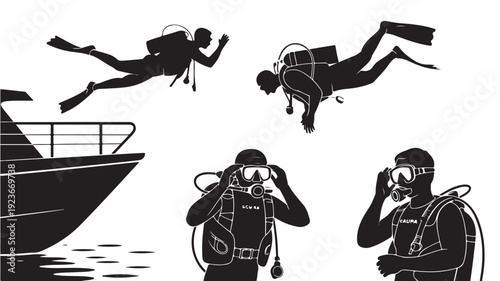 Scuba Divers Silhouettes Vector Illustration For Diving And Water Sports Concept
