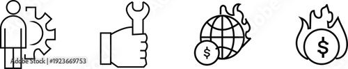 A set of four icons representing business and industry concepts