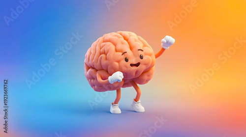 Playful cartoon brain character waving and dancing on a vibrant gradient background