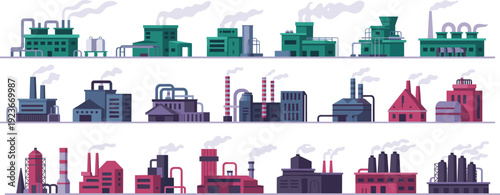 Industrial factory buildings and power plants collection with smokestacks and pipelines flat vector illustration isolated on background