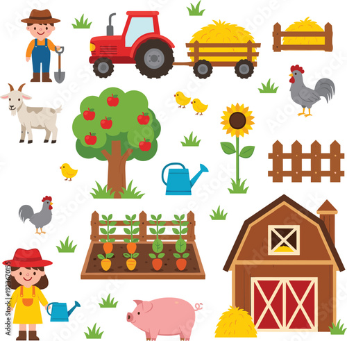 Cute Farm Animals and Farmer Cartoon Collection Flat Vector Illustration