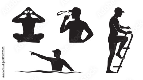 Vector Illustration Of Black Silhouettes Of Men In Various Actions For Fitness And Leisure Concept