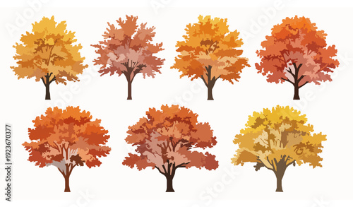 Vibrant Autumn Trees Vector Cutout with Colorful Fall Foliage Isolated on White