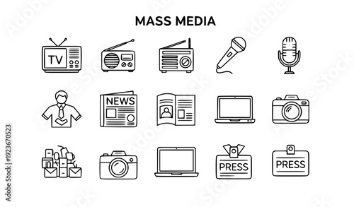 Mass Media Icon Set Vector in Minimalist Line Style with Journalism and Broadcasting Symbols