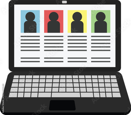Vector illustration of a laptop screen displaying user profile cards with avatars and text lines. Concept of online recruitment, human resources management, and job application review