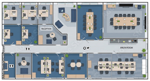 Office floor plan showcasing various workspaces and meeting areas for business operations.