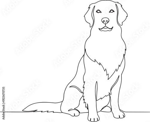 A charming black and white outline illustration of a Golden Retriever dog sitting attentively and looking forward with a slight smile