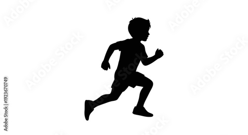 Young boy running in silhouette against a plain white background, captured in dynamic motion from the side view, file byo (97)