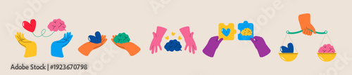 Set of brain and heart in hands. Heart brain harmony Concept. Colorful vector illustration