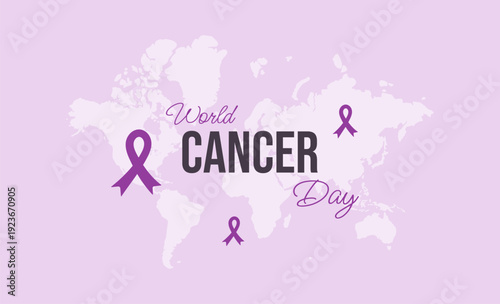 World Cancer Day banner template. Map and purple ribbon vector illustration. 4th February background. Flat minimalist style