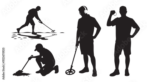 Vector Illustration Of Silhouette Men Using Metal Detectors In Various Poses For Treasure Hunting And Archaeology Concept