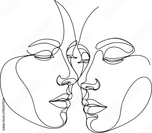 Elegant continuous line art illustration capturing the intimate connection between two faces, symbolizing profound love, unity, and shared human emotion through minimalist design