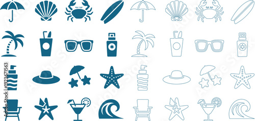 Collection of beach and summer vacation in teal blue