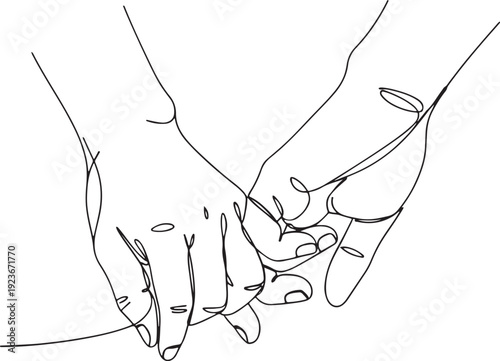 Elegant continuous line art capturing the tender clasp of two hands, symbolizing deep connection, unwavering support, and the beauty of human companionship