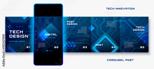 Wallpaper Mural Tech circuit board background for AI carousel posts. Digital blue pattern with electronic lines, perfect for social media templates and futuristic technology presentations. Torontodigital.ca