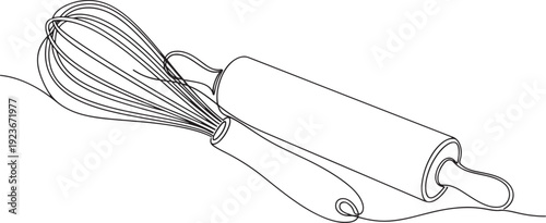 Single line drawing of a whisk and rolling pin, kitchen utensils for baking and cooking preparation