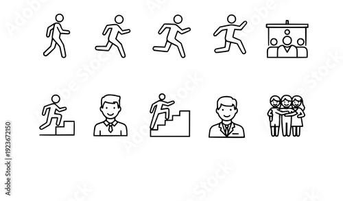 Modern Human Outline Icons Collection for Walking Running Jumping Climbing Friends Hug Editable Vector