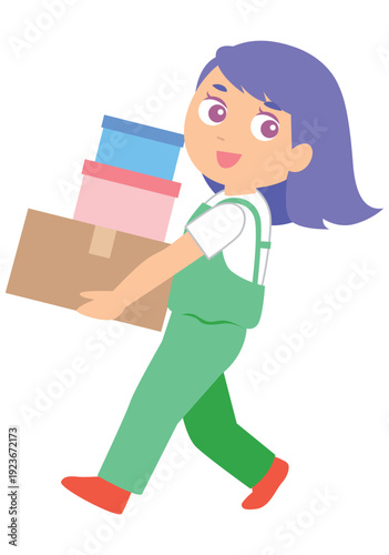 段ボールを運ぶ女性のイラスト
