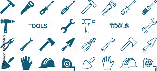 Collection of hand and power tools for construction and repair