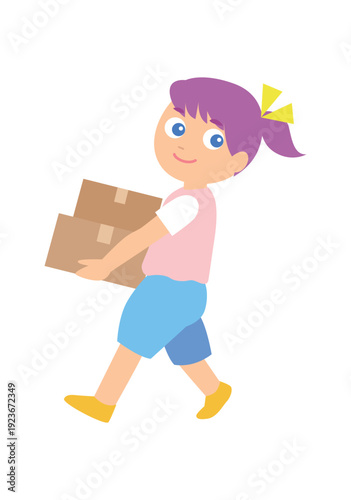 Illustration of a Girl Carrying a Cardboard Box for Moving