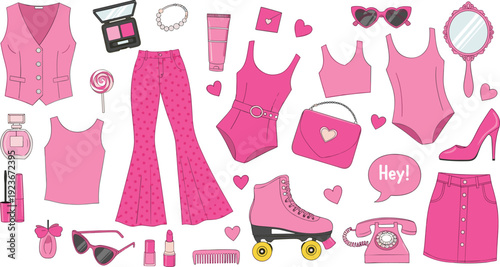 Pink fashion items and accessories collection stylish vector illustration isolated background