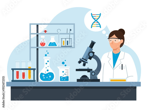 Scientist working in laboratory with microscope and test tubes.