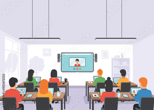 Students engaged in a virtual classroom setting with a teacher on screen